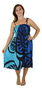 Island Style Elastic Dress - Bold Monstera (Blue & Light Blue )