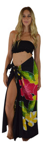 Island Style Batik Sarong with Hand-Painted Hibiscus on Black