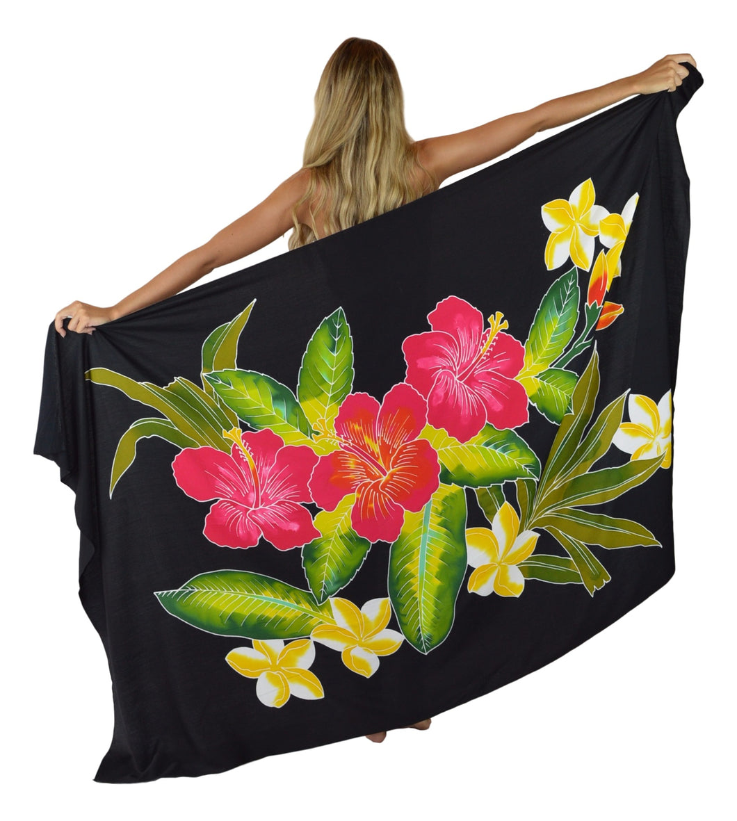 Island Style Batik Sarong with Hand-Painted Hibiscus on Black