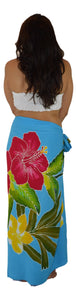 Island Style Batik Sarong with Hand-Painted Hibiscus on Turquoise