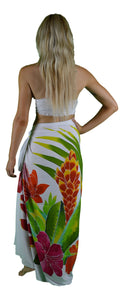 Island Style Batik Sarong with Hand-Painted Tropical Bouquet on White