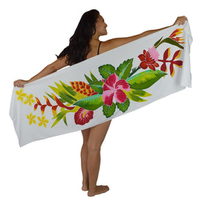 Island Style - Hand-Painted Batik Sarong - Half-Size (23" x 72") - Tropical Bouquet - White