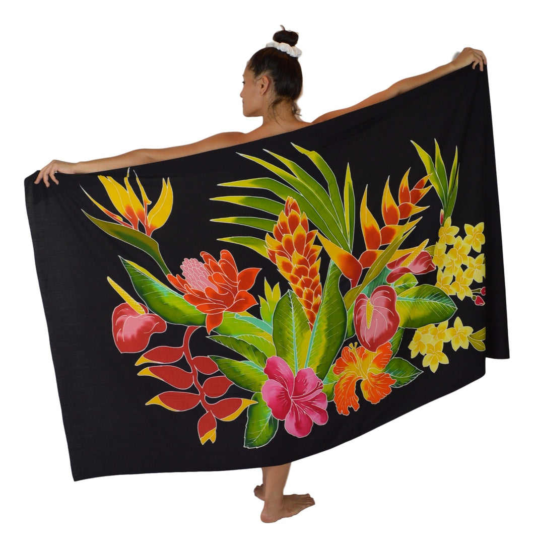 Island Style Batik Sarong with Hand-Painted Tropical Bouquet on Black