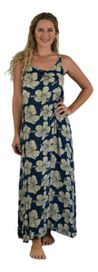 Bali Long Dress - Hibiscus - Cream / Background - Dark Blue