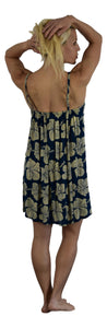 Bali Short Dress - Hibiscus - Crème / Background - Dark Blue