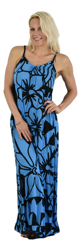 Bali Dress - Long - Hawaiian Hibiscus - Blue and Black