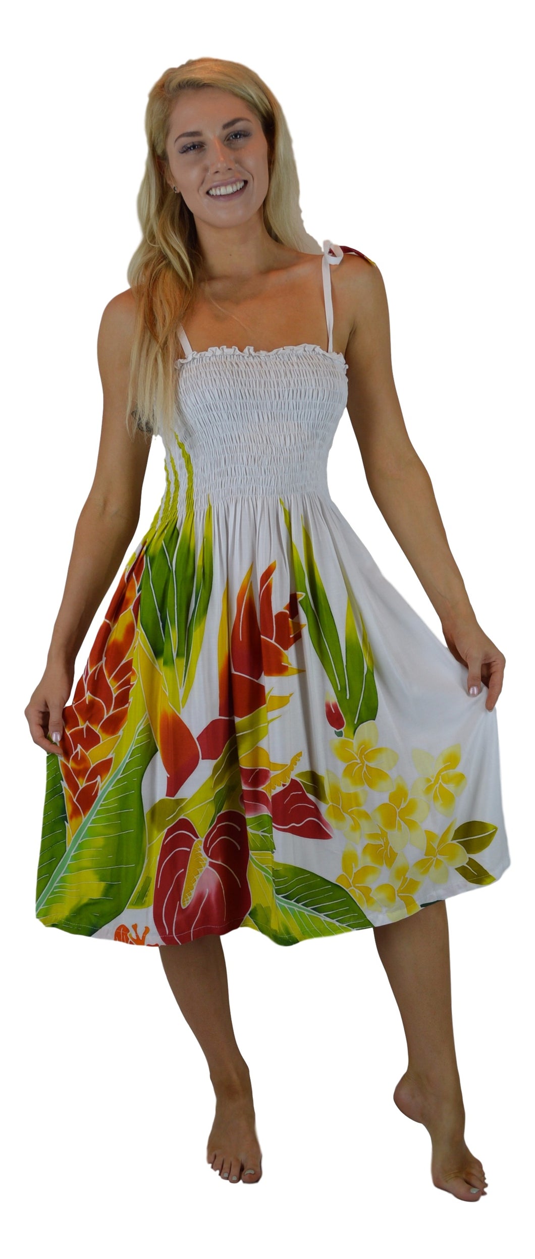 Island Style - Batik Elastic Dress  - White w/ Tropical Bouquet Design
