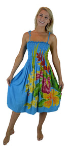Island Style - Batik Elastic Dress - Turquoise w/ Tropical Bouquet Design