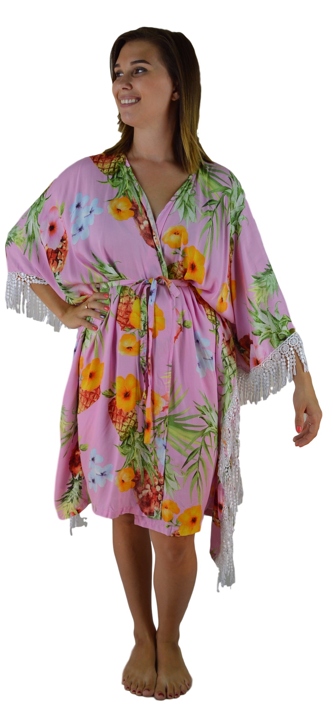 Secret Beach - Haiku Kimono - Long Lace - Hibiscus Pineapple - Pink