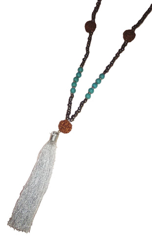 Jewelry - Long Mala Necklace with Turq and Silver Beads and Silver Tassel