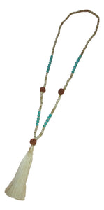 Jewelry - Long Mala Necklace with Turq and Ivory Beads and Ivory Tassel