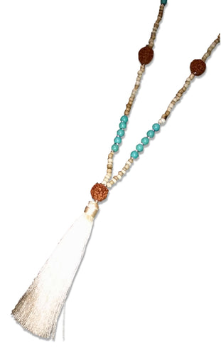 Jewelry - Long Mala Necklace with Turq and Ivory Beads and Ivory Tassel