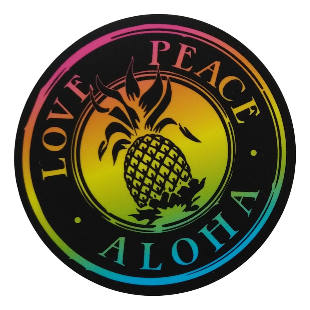 Sticker - Love Peace Aloha - Black Rainbow - 4 inch circle
